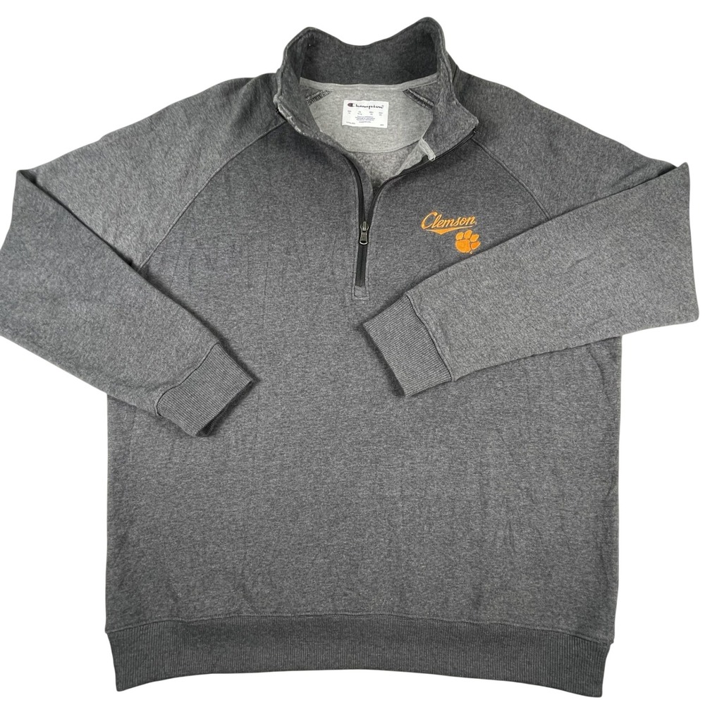 Champion Pullover Mens XL‎ Clemson Tigers NCAA Quarter Zip Fleece Heather Gray